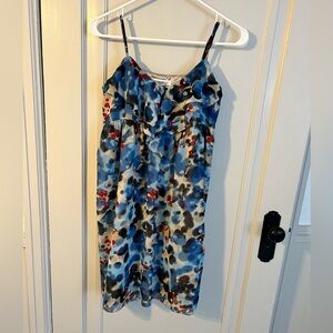 Kensie Blue Abstract Splatter Ruffle Mini Dress